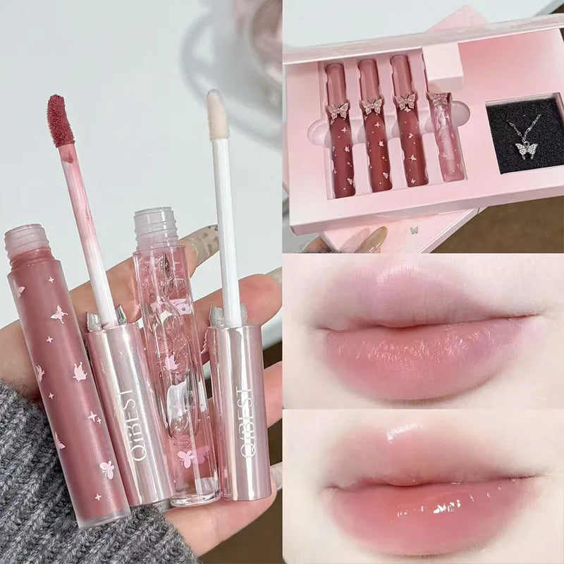 QIBEST New Feather Butterfly Soft Color Lip Makeup Kit Include 3*Matte Liquid Lipstick And 1*Lip Oil Cosmetics Set With Necklace