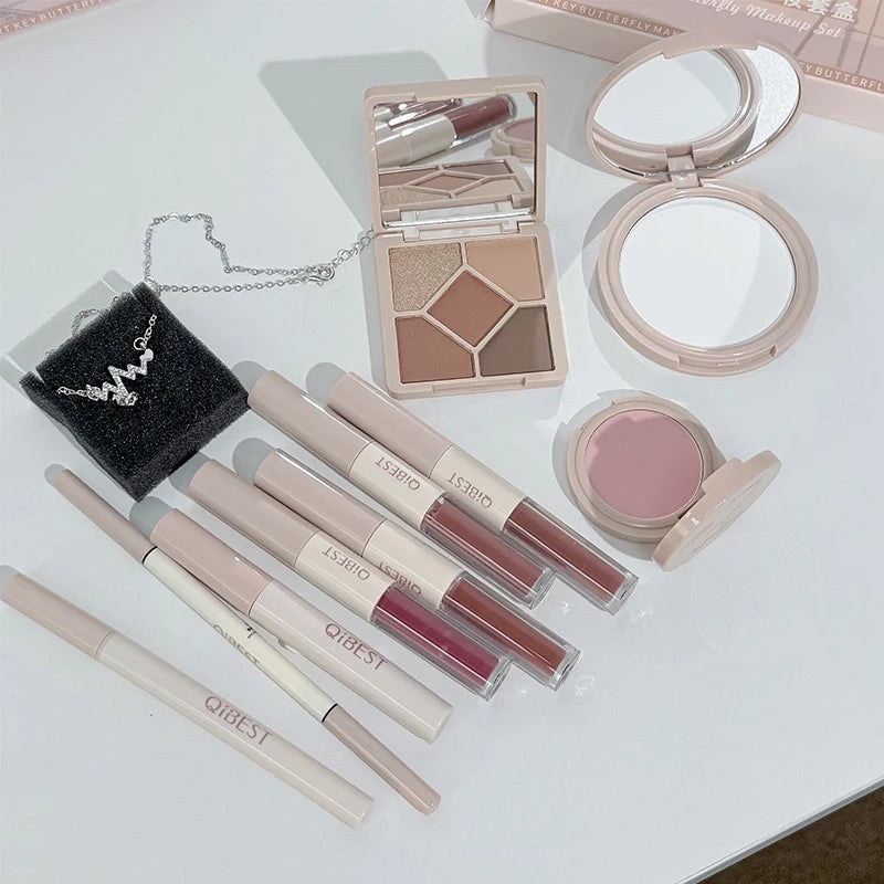 QIBEST 4 Colors Double Head Lip Glaze,Pressed Powder,Blush,Eyeshadow, Eyebrow Pencil,Eyeliner,Lip Oil Multipurpose Makeup Kits