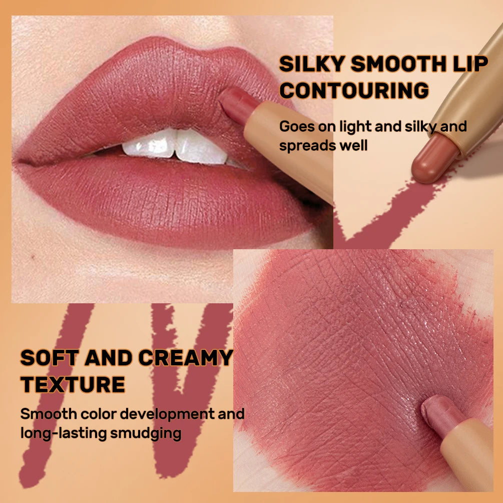 QIBEST Double Ended Lip Liner&Brush Pen 2 In 1 Stick Mist Matte Contour Tint Lipstick Pencil