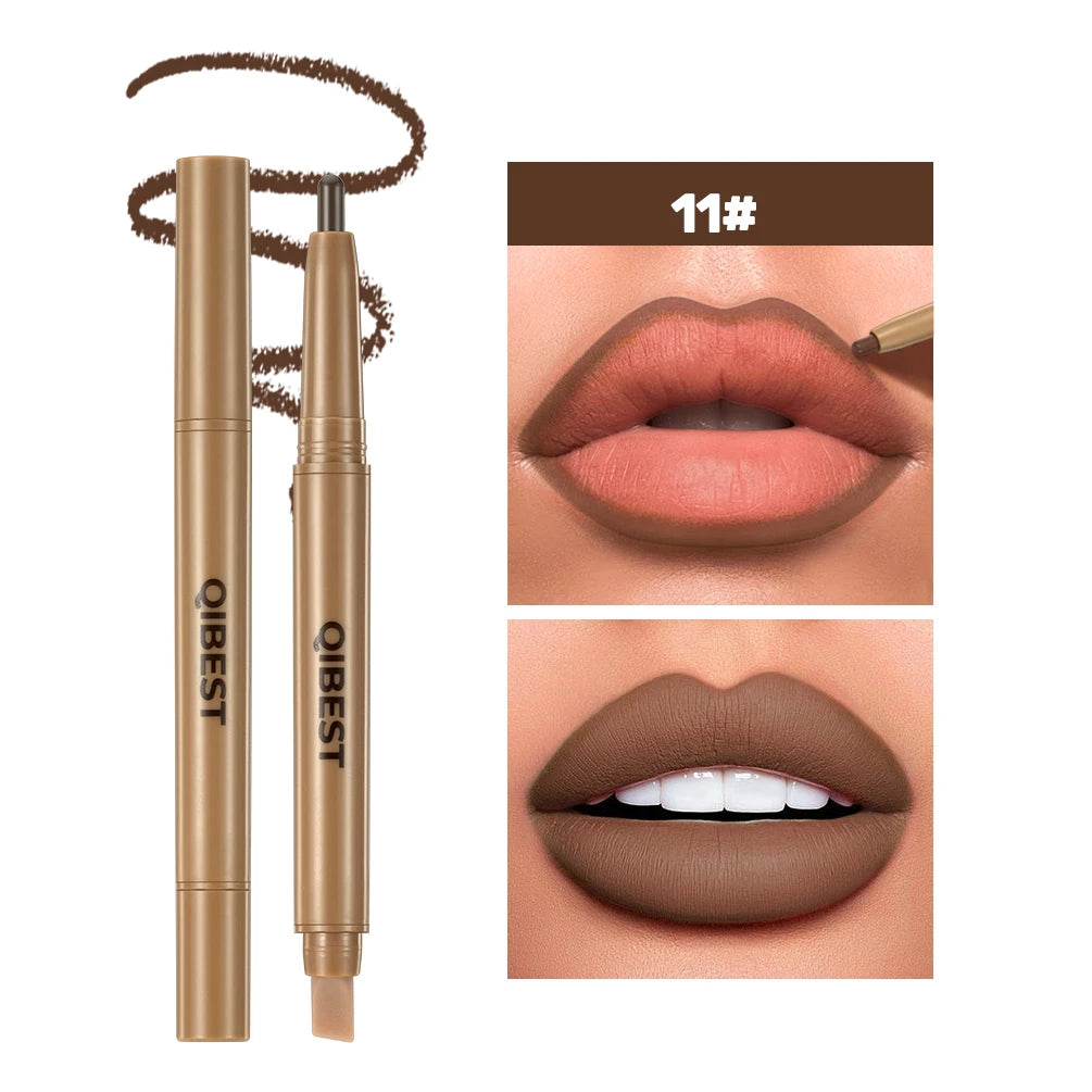 QIBEST Double Ended Lip Liner&Brush Pen 2 In 1 Stick Mist Matte Contour Tint Lipstick Pencil