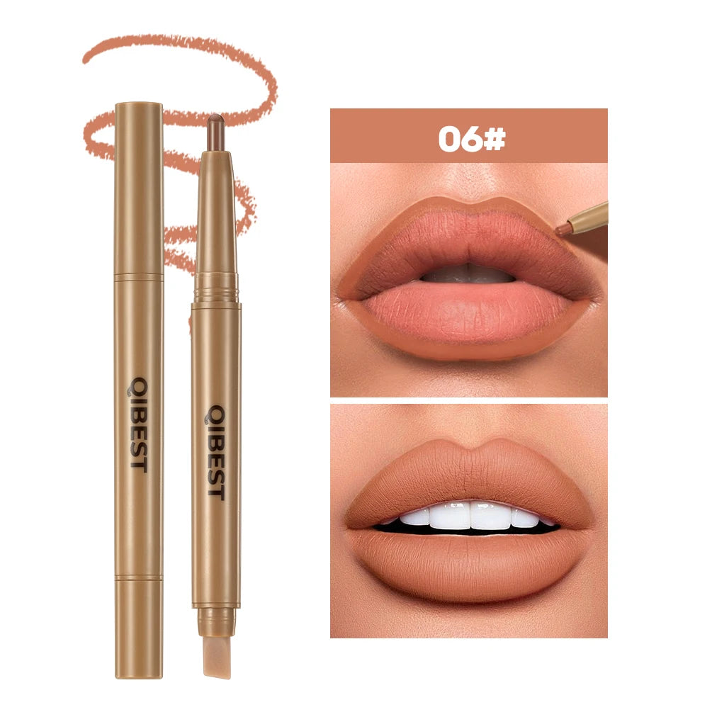 QIBEST Double Ended Lip Liner&Brush Pen 2 In 1 Stick Mist Matte Contour Tint Lipstick Pencil