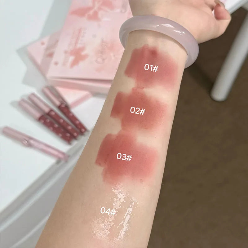 QIBEST New Feather Butterfly Soft Color Lip Makeup Kit Include 3*Matte Liquid Lipstick And 1*Lip Oil Cosmetics Set With Necklace