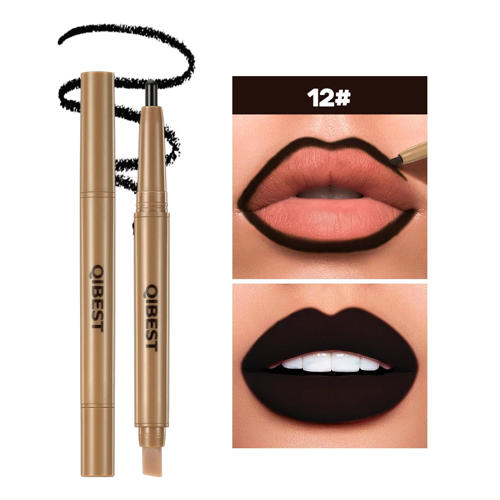 QIBEST Double Ended Lip Liner&Brush Pen 2 In 1 Stick Mist Matte Contour Tint Lipstick Pencil
