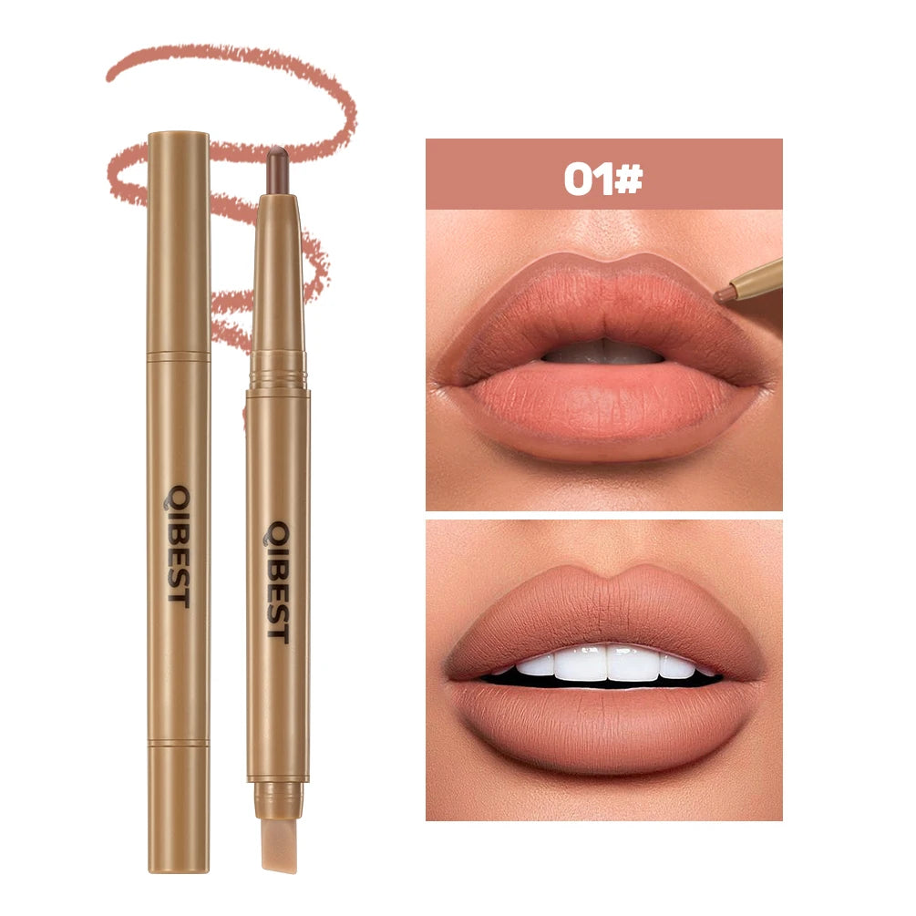 QIBEST Double Ended Lip Liner&Brush Pen 2 In 1 Stick Mist Matte Contour Tint Lipstick Pencil