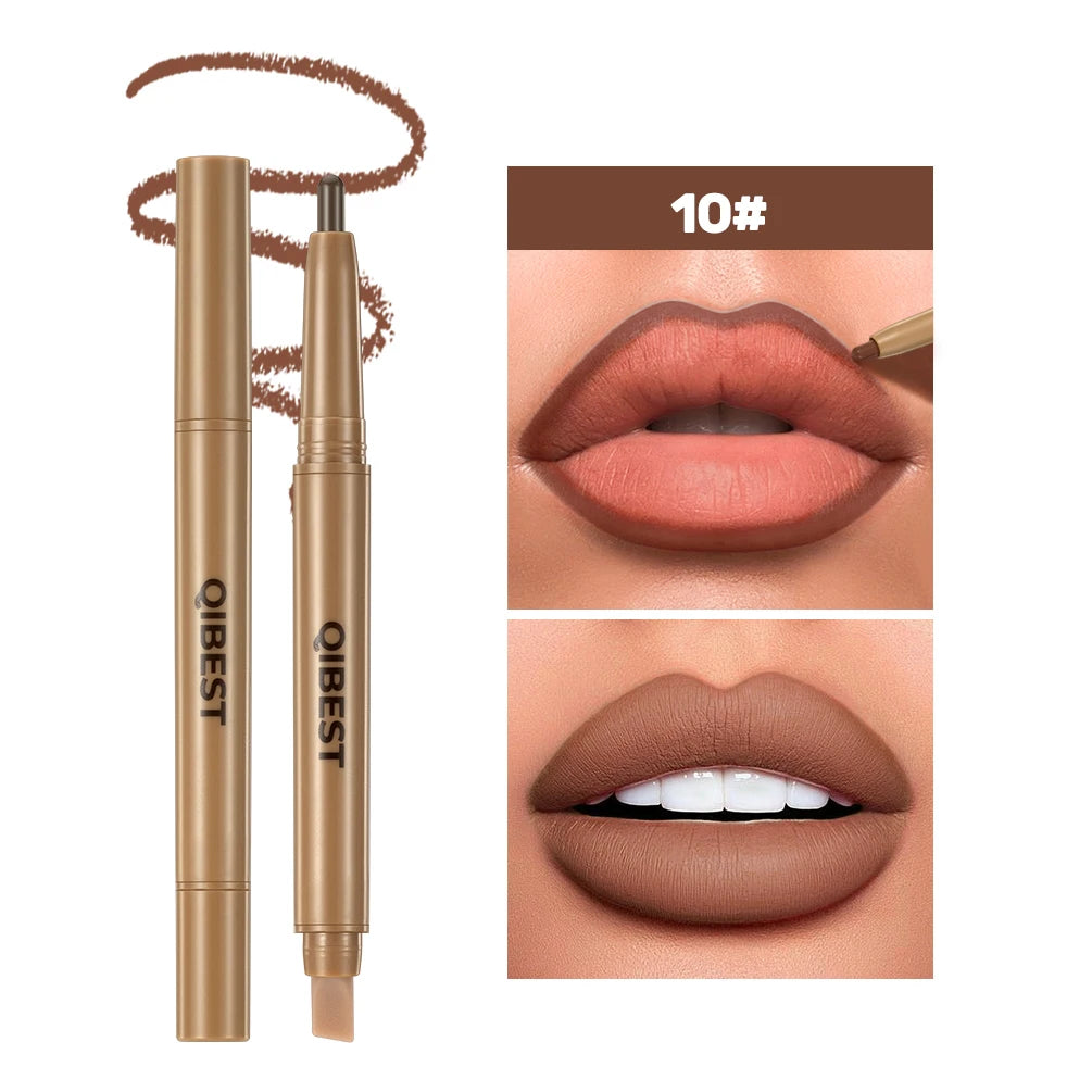 QIBEST Double Ended Lip Liner&Brush Pen 2 In 1 Stick Mist Matte Contour Tint Lipstick Pencil