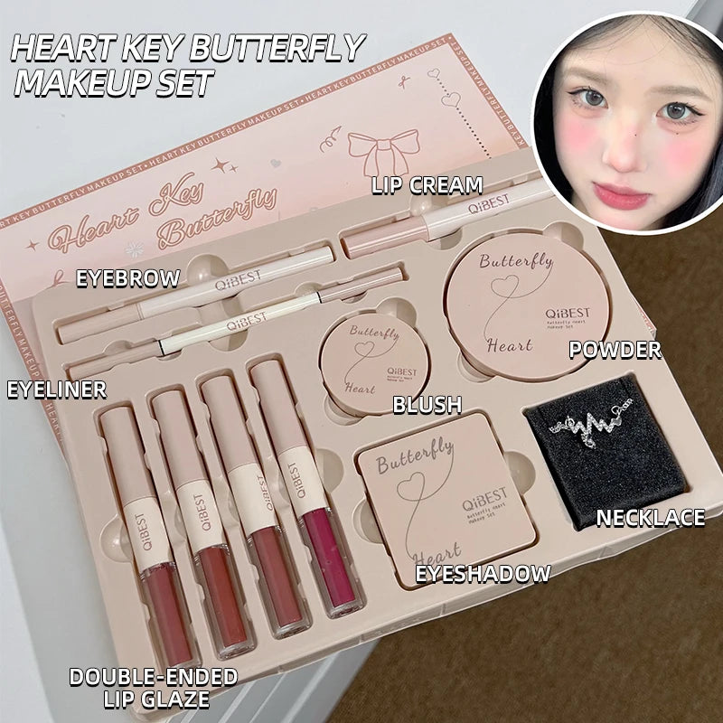 QIBEST 4 Colors Double Head Lip Glaze,Pressed Powder,Blush,Eyeshadow, Eyebrow Pencil,Eyeliner,Lip Oil Multipurpose Makeup Kits