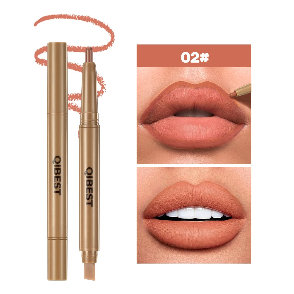 QIBEST Double Ended Lip Liner&Brush Pen 2 In 1 Stick Mist Matte Contour Tint Lipstick Pencil