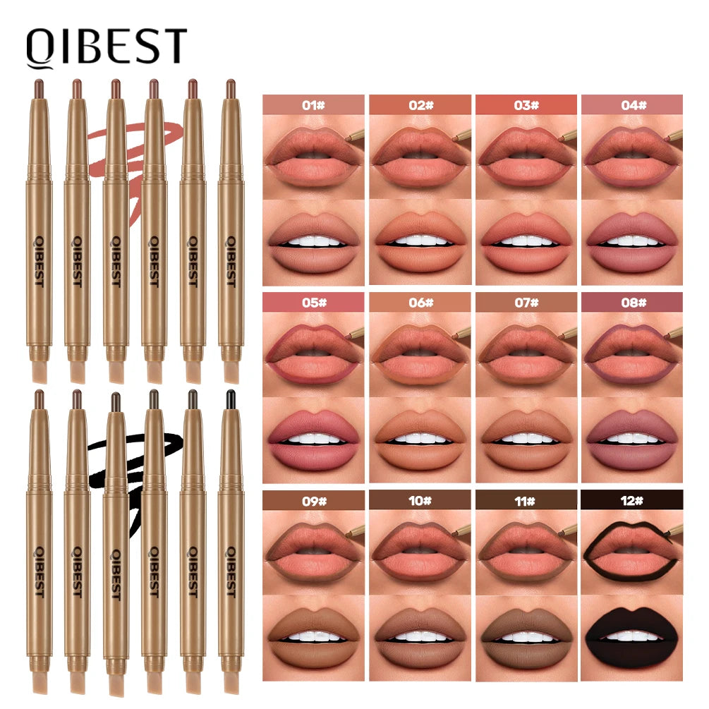 QIBEST Double Ended Lip Liner&Brush Pen 2 In 1 Stick Mist Matte Contour Tint Lipstick Pencil