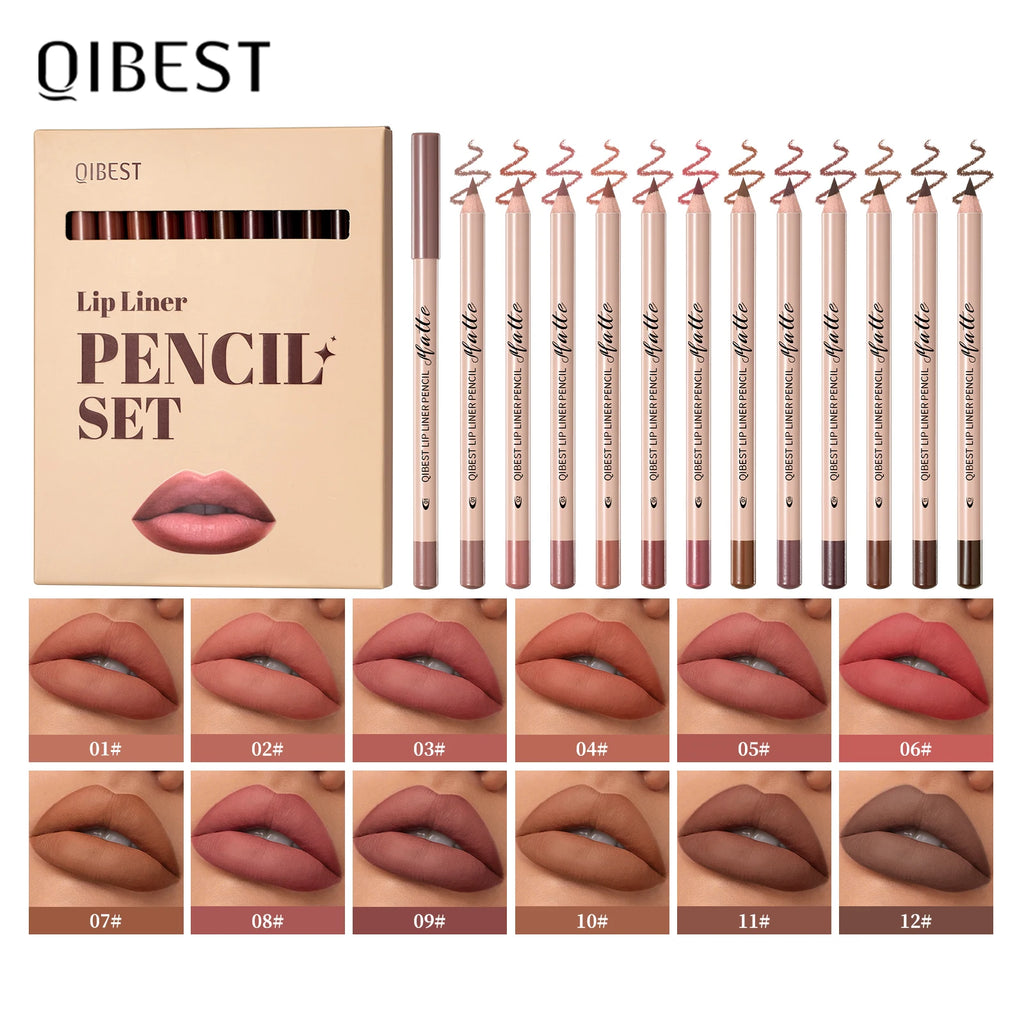 QIBEST 12 Colors Matte Lipstick Lipliner Pen Makeup Sets Waterproof
