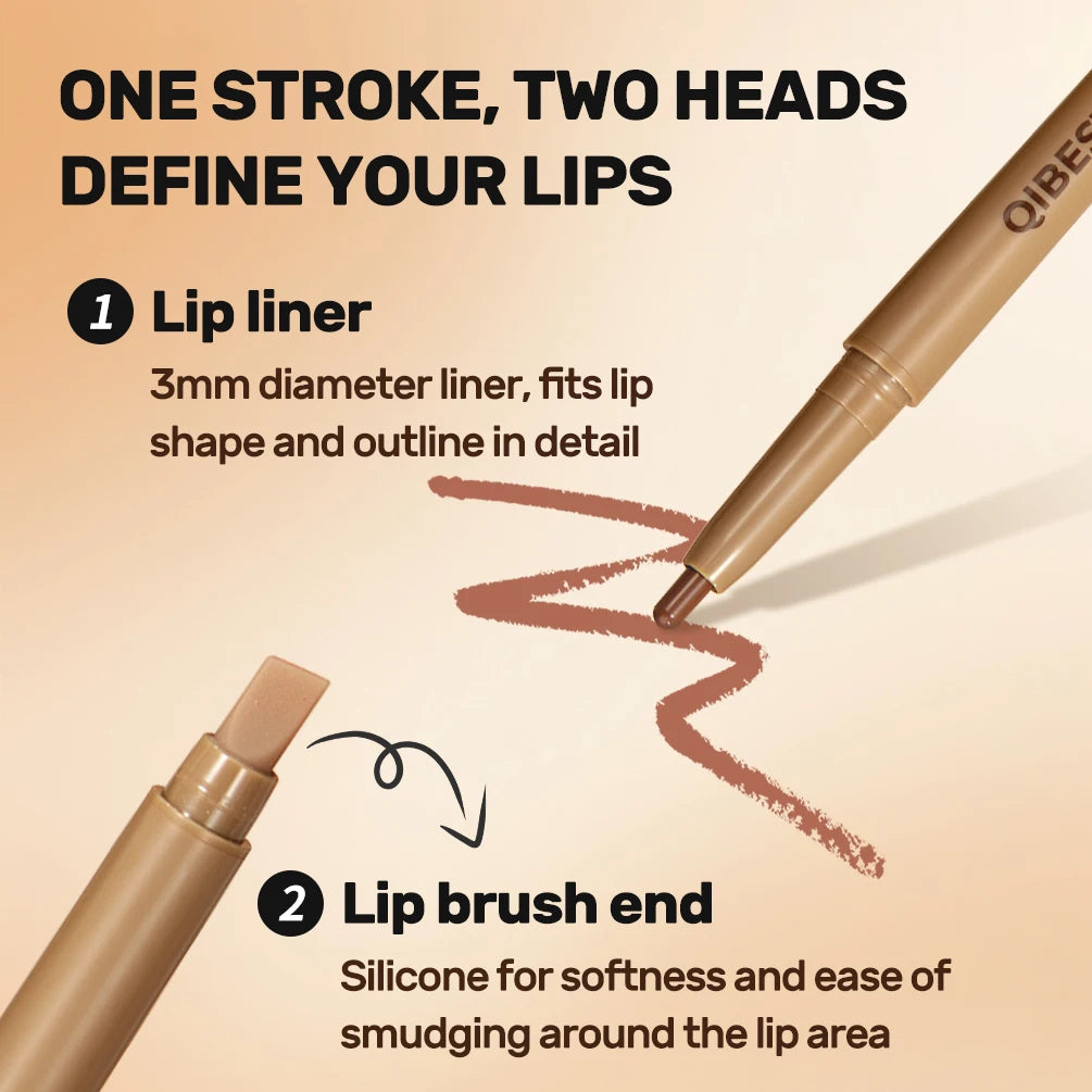 QIBEST Double Ended Lip Liner&Brush Pen 2 In 1 Stick Mist Matte Contour Tint Lipstick Pencil