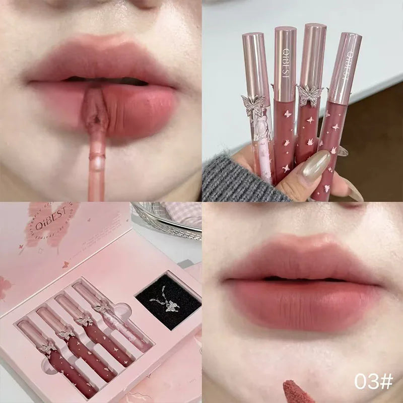 QIBEST New Feather Butterfly Soft Color Lip Makeup Kit Include 3*Matte Liquid Lipstick And 1*Lip Oil Cosmetics Set With Necklace