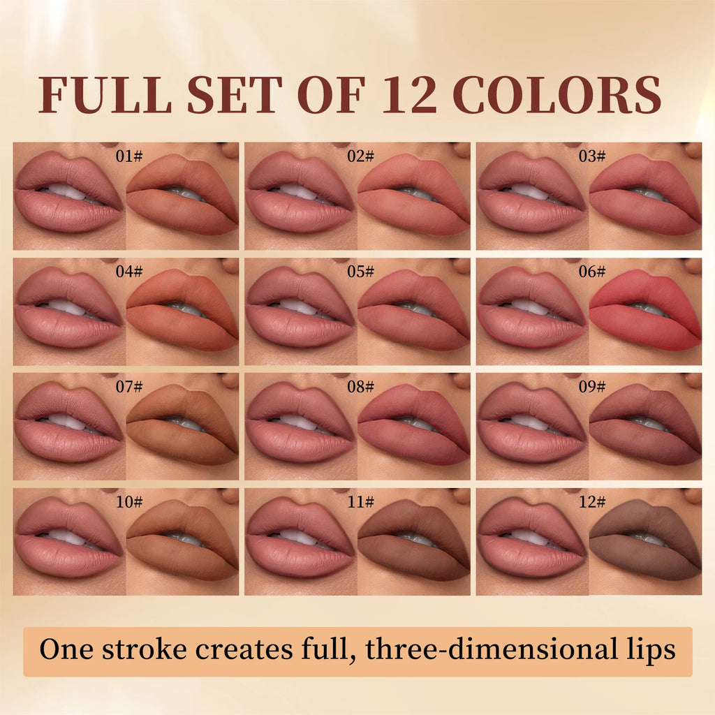 QIBEST 12 Colors Matte Lipstick Lipliner Pen Makeup Sets Waterproof