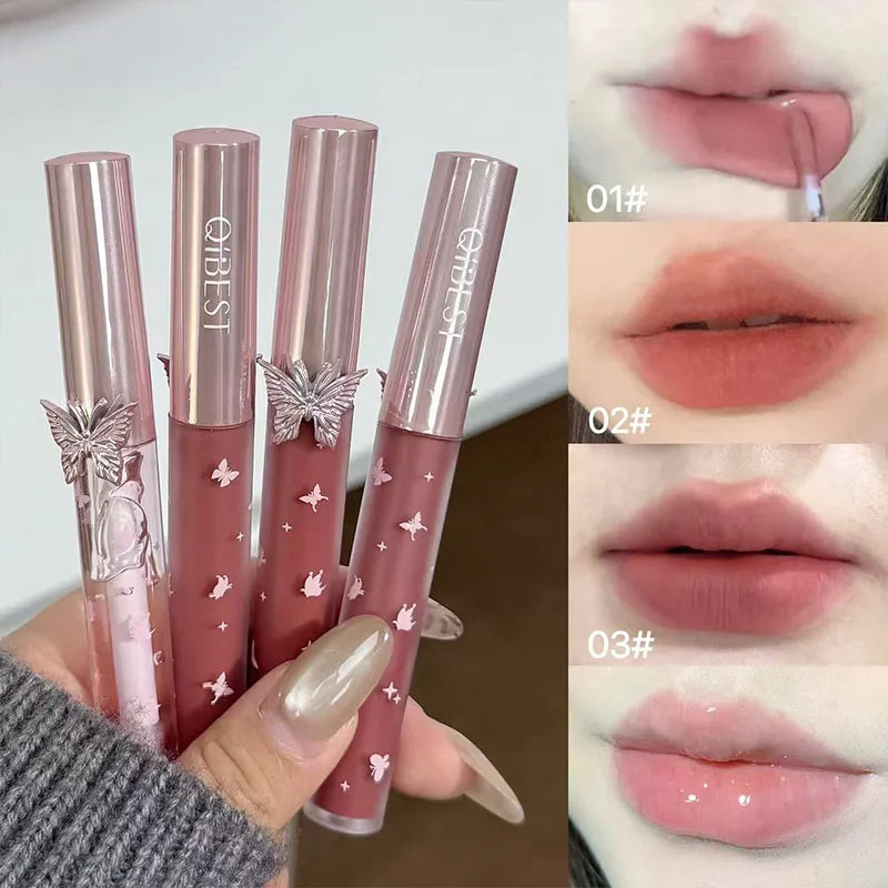 QIBEST New Feather Butterfly Soft Color Lip Makeup Kit Include 3*Matte Liquid Lipstick And 1*Lip Oil Cosmetics Set With Necklace