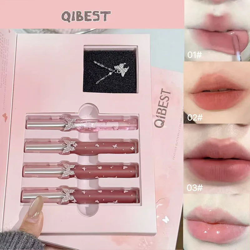QIBEST New Feather Butterfly Soft Color Lip Makeup Kit Include 3*Matte Liquid Lipstick And 1*Lip Oil Cosmetics Set With Necklace
